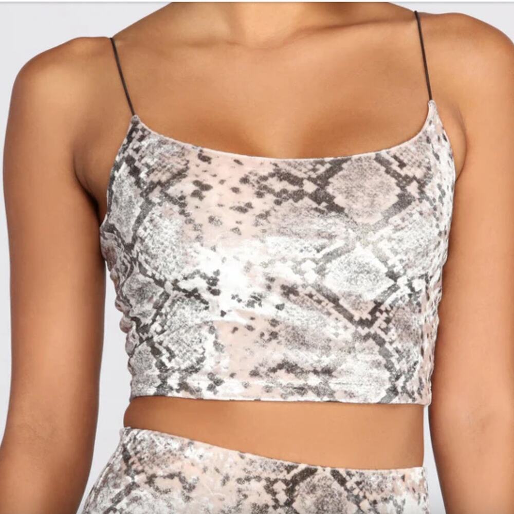 Windsor S Cream Velvet Snake Print Scoop Neck Thin Bungee Strap Crop Cami Top